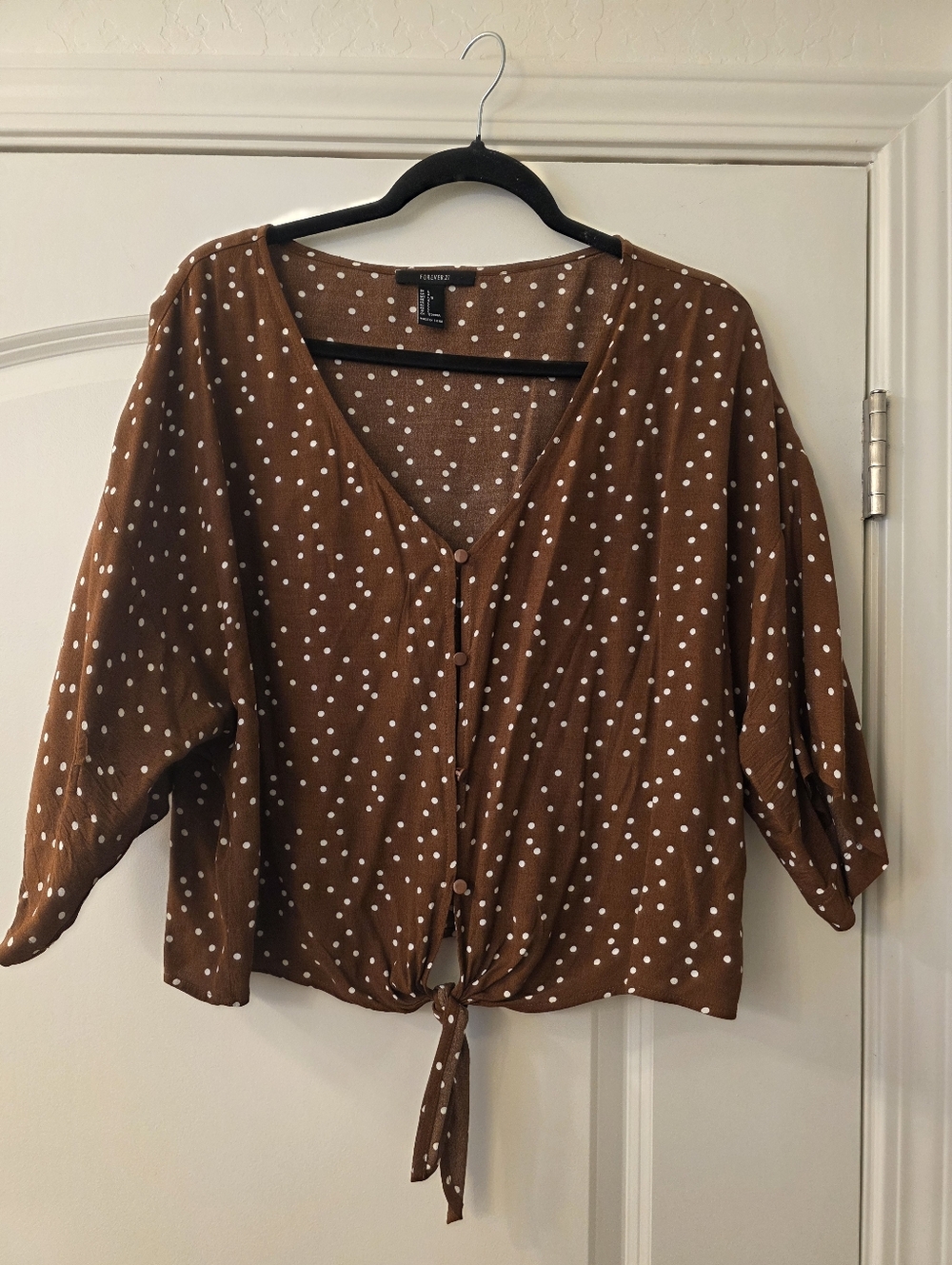 Forever 21 Brown Polka Dot Tie-Front Top